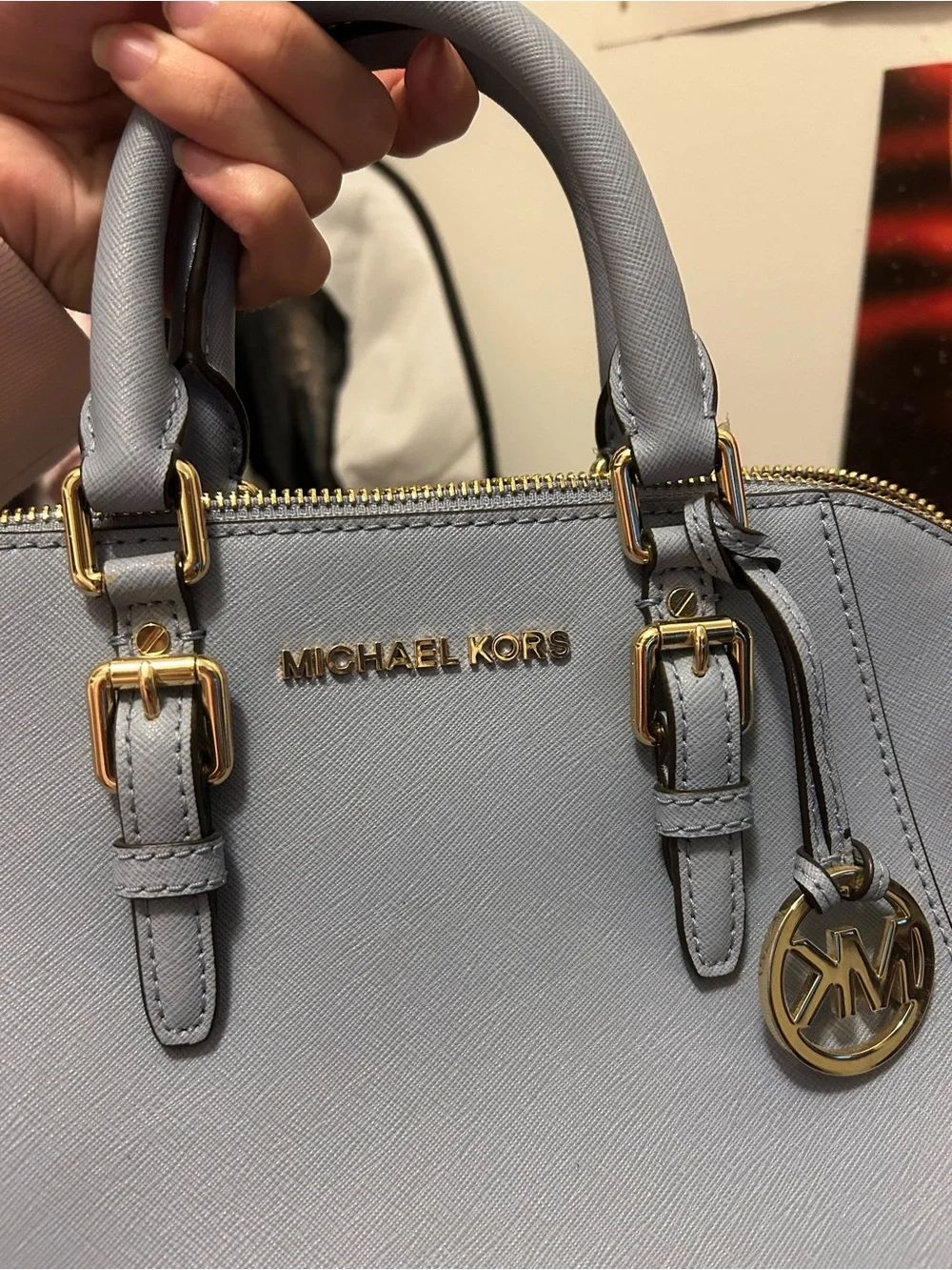 Michael Kors Powder Blue Saffiano Leather Dome Satchel with Gold Hardware